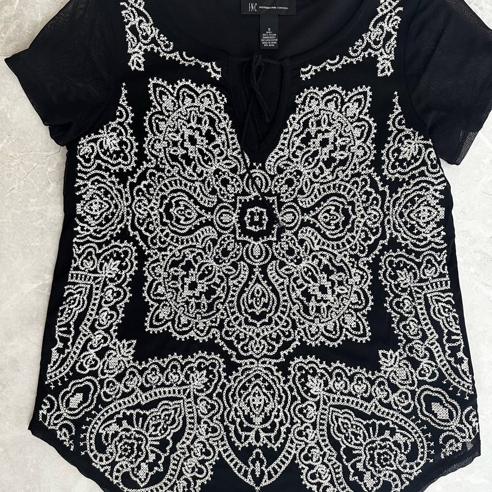 INC International Concepts Black and White Graphic Blouse with Drawstring Tie